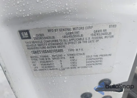 2004 GMC Envoy Xl Sle z USA, uszkodzony, nr VIN 1GKET16S446105465